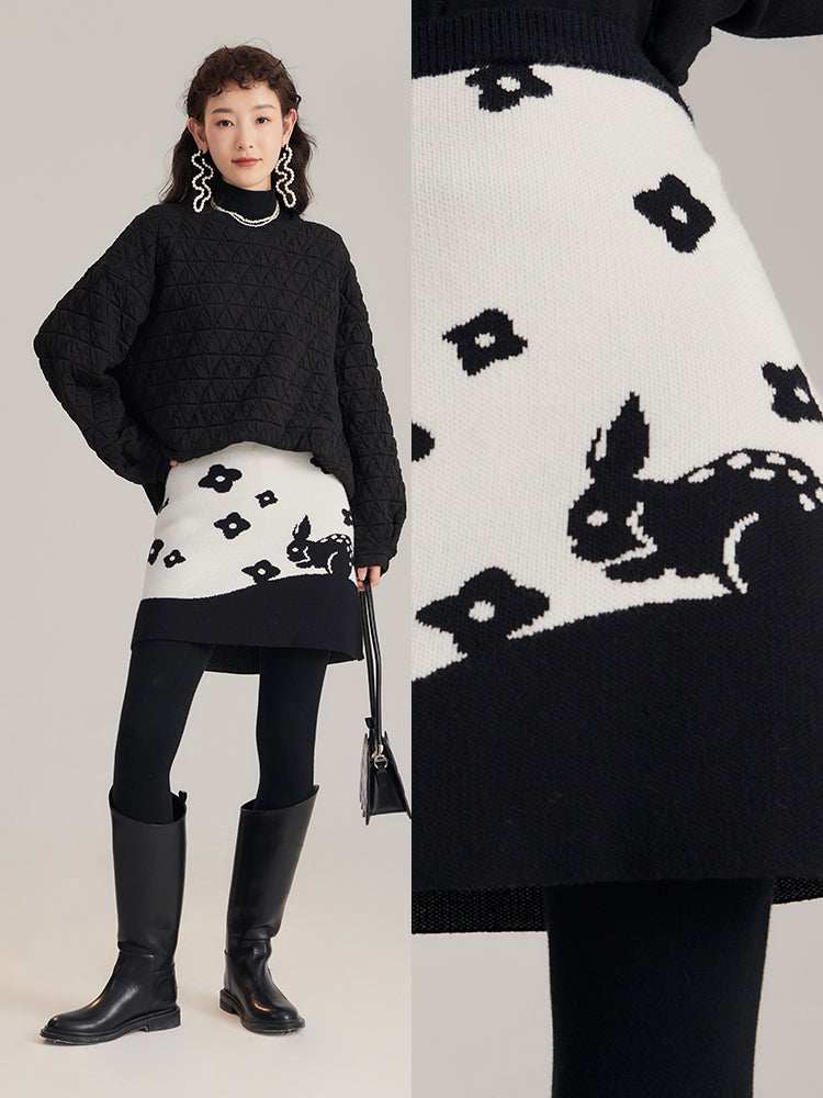 Rabbit Silhouette Flower Retro Knit Skirt