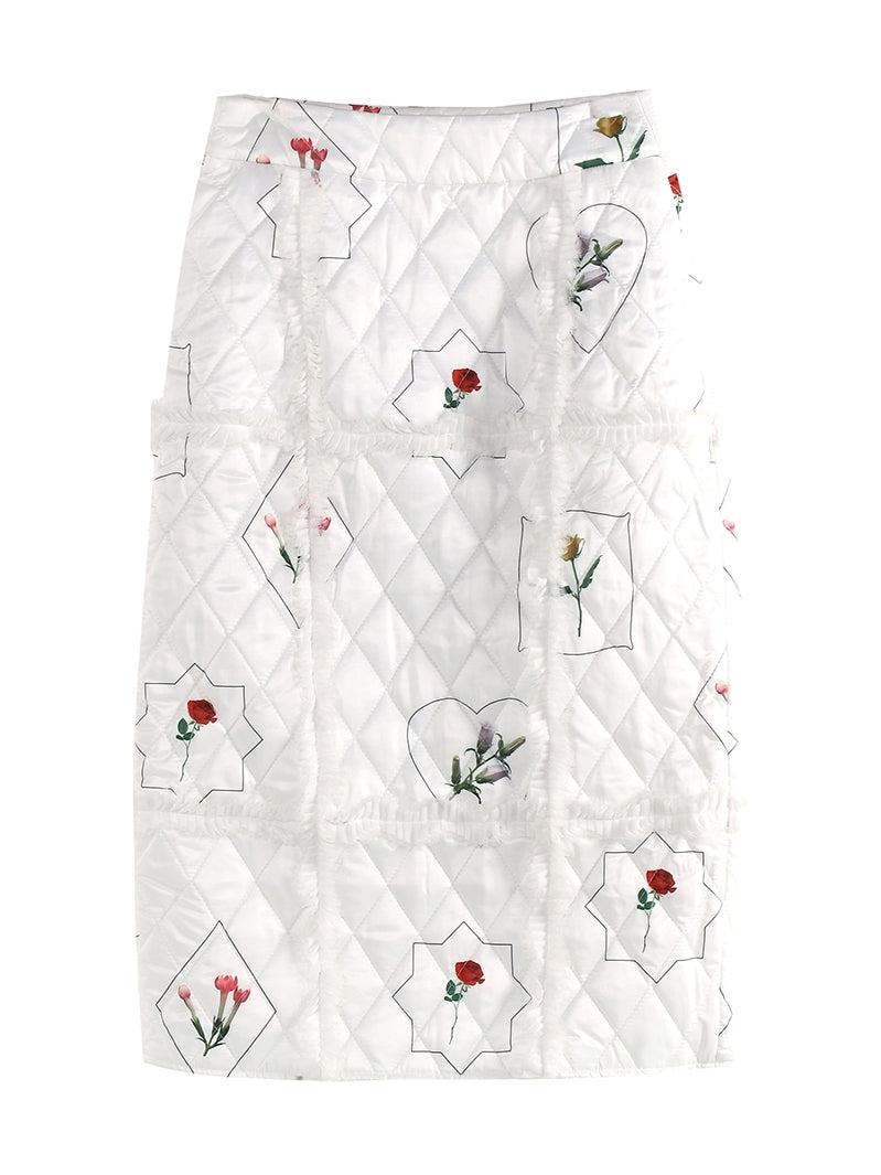 High-Waist Flower Tulip Embossed Quilted Skirt