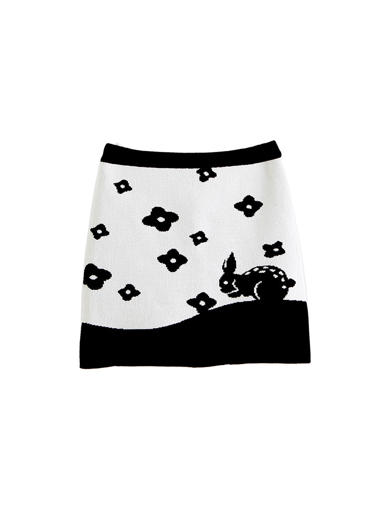 Rabbit Silhouette Flower Retro Knit Skirt