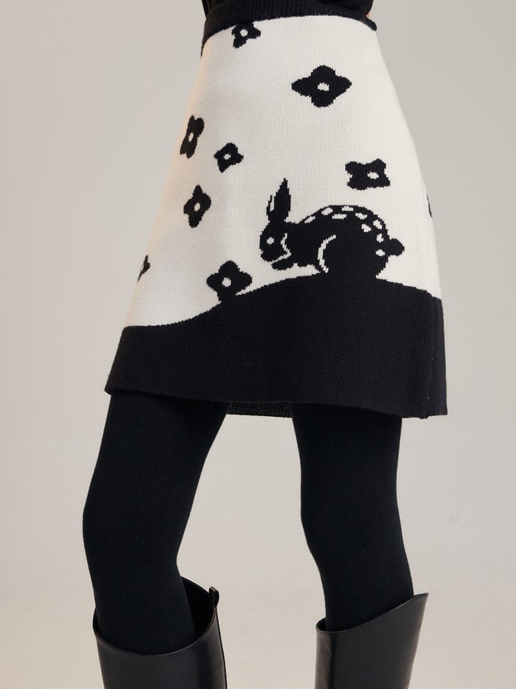 Rabbit Silhouette Flower Retro Knit Skirt