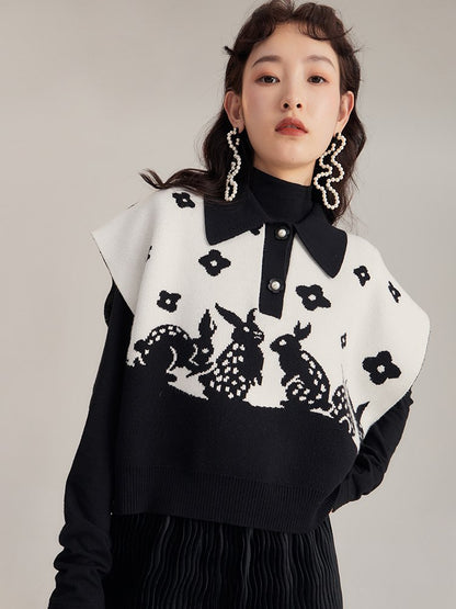 Rabbit Silhouette Flower Retro Polo-neck Knit