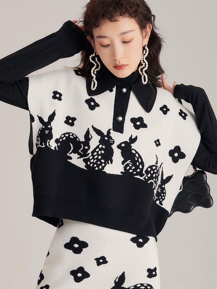 Rabbit Silhouette Flower Retro Polo-neck Knit