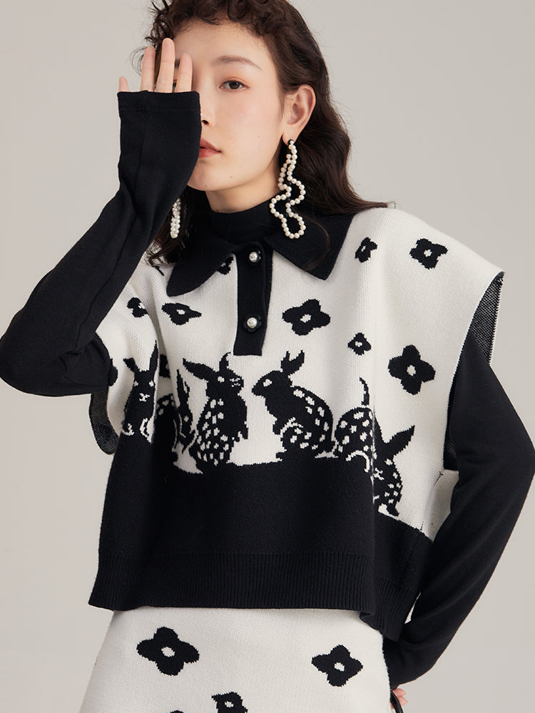 Rabbit Silhouette Flower Retro Polo-neck Knit