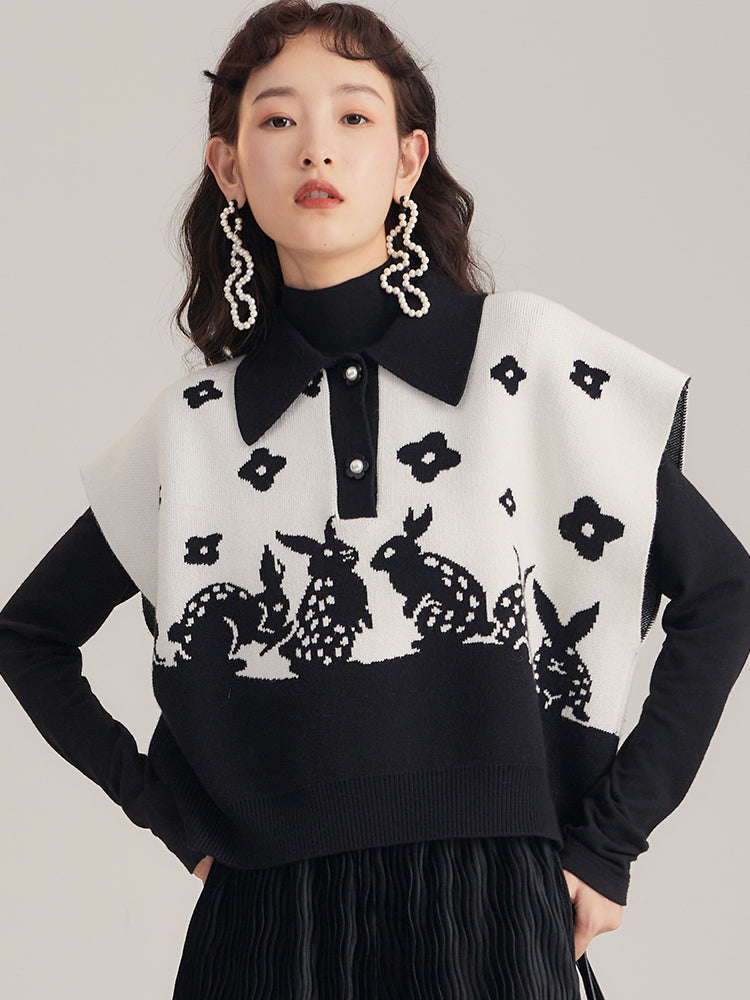 Rabbit Silhouette Flower Retro Polo-neck Knit