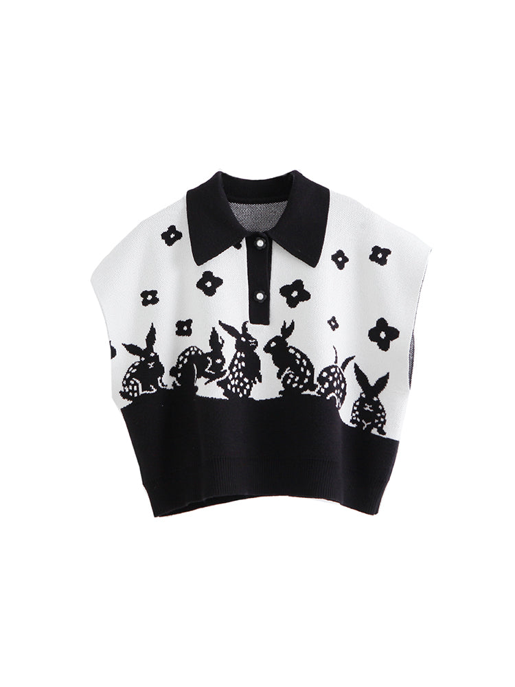 Rabbit Silhouette Flower Retro Polo-neck Knit