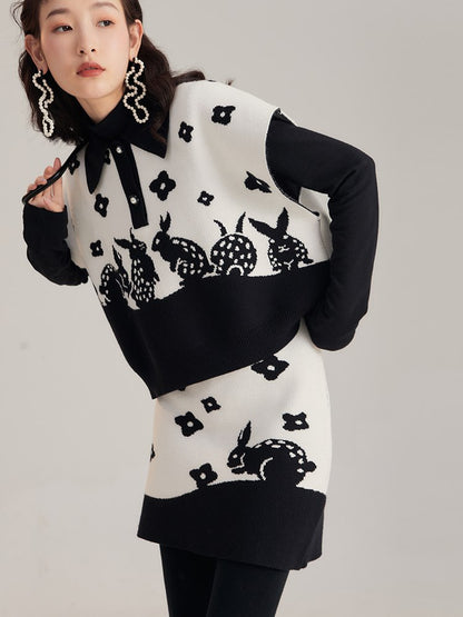 Rabbit Silhouette Flower Retro Polo-neck Knit