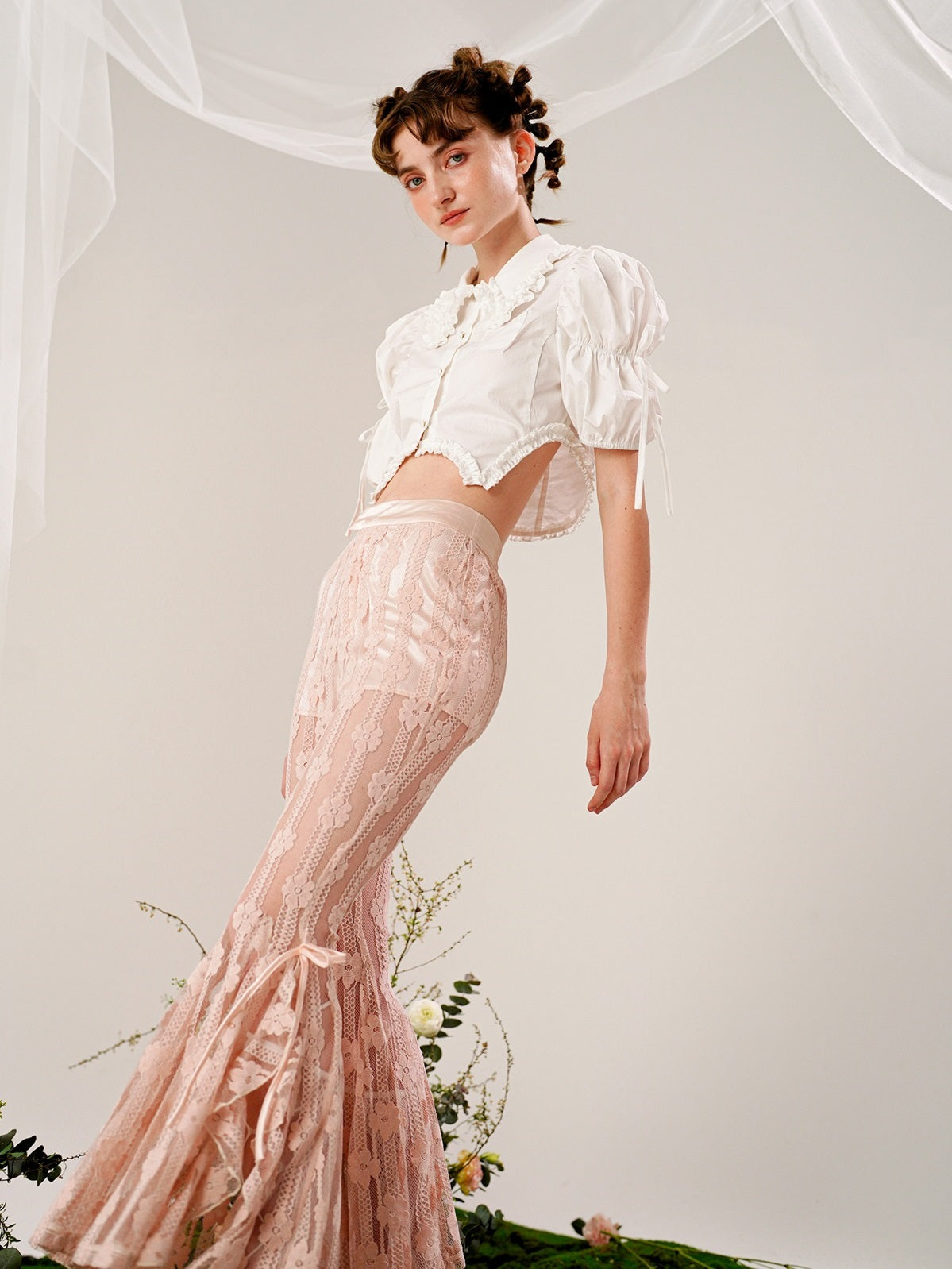 Lace Flowers Flared See-Through Pants