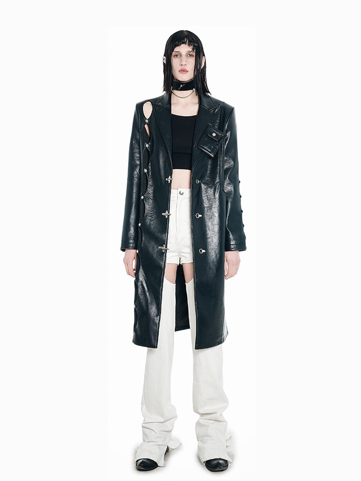 Nichi Irregular Wide-shoulder Leather Coat