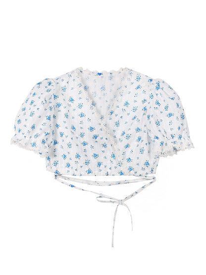 Flower Lace Puff-sleeve Short Blouse