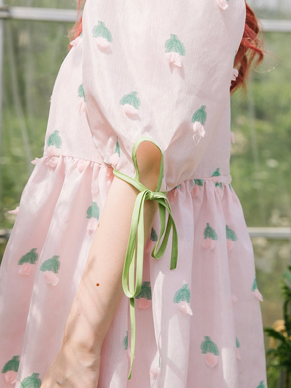 Puff-sleeve Flower Tulip Middle One-piece