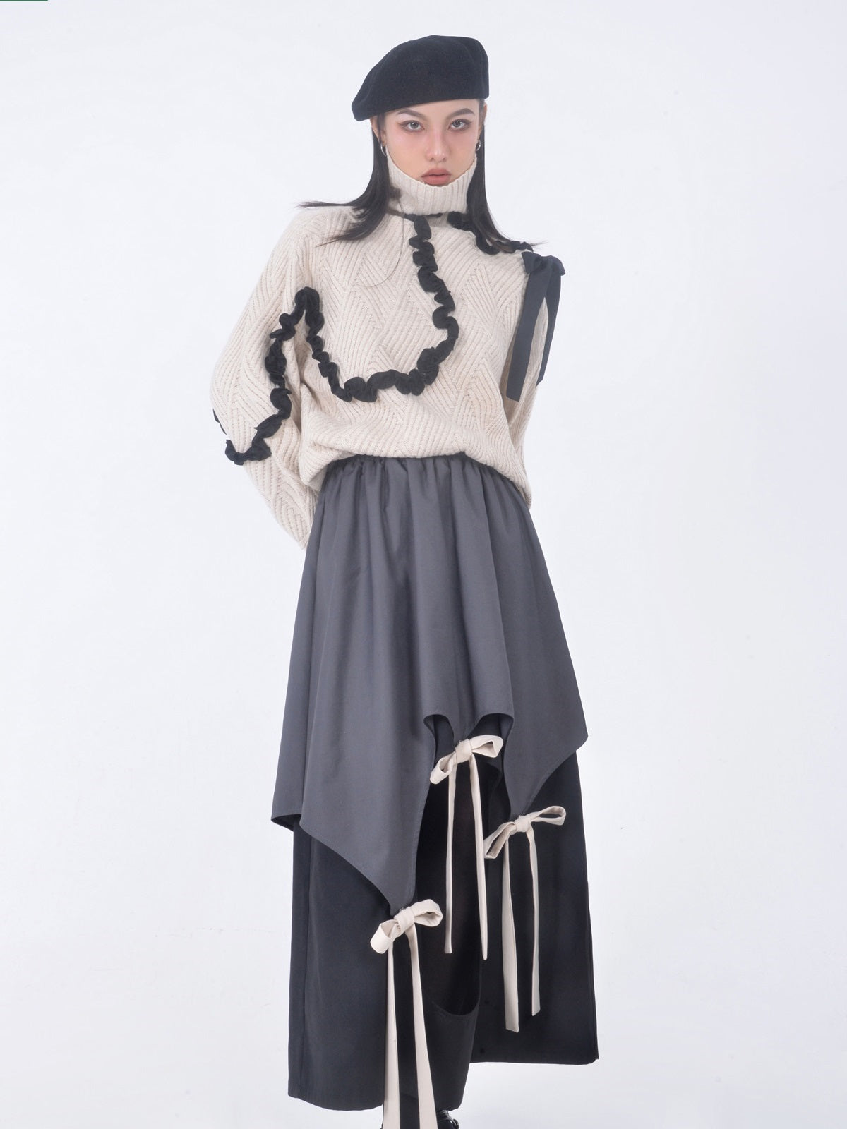 Irregular Niche Cut Ribbon Long Skirt