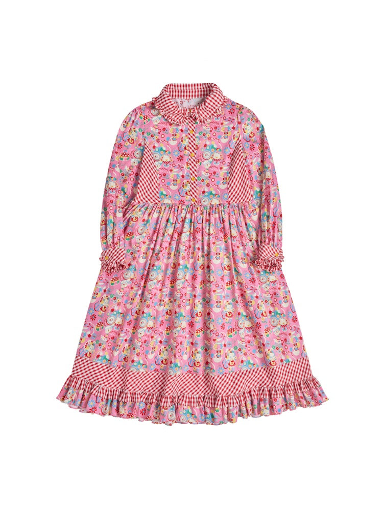 Fancy flower Checke Girly Retro Pop Tiered Long-One-piece