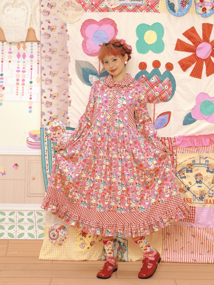 Fancy Flower Check Girly Retro Pop Tiered Long-ONE-PIECE