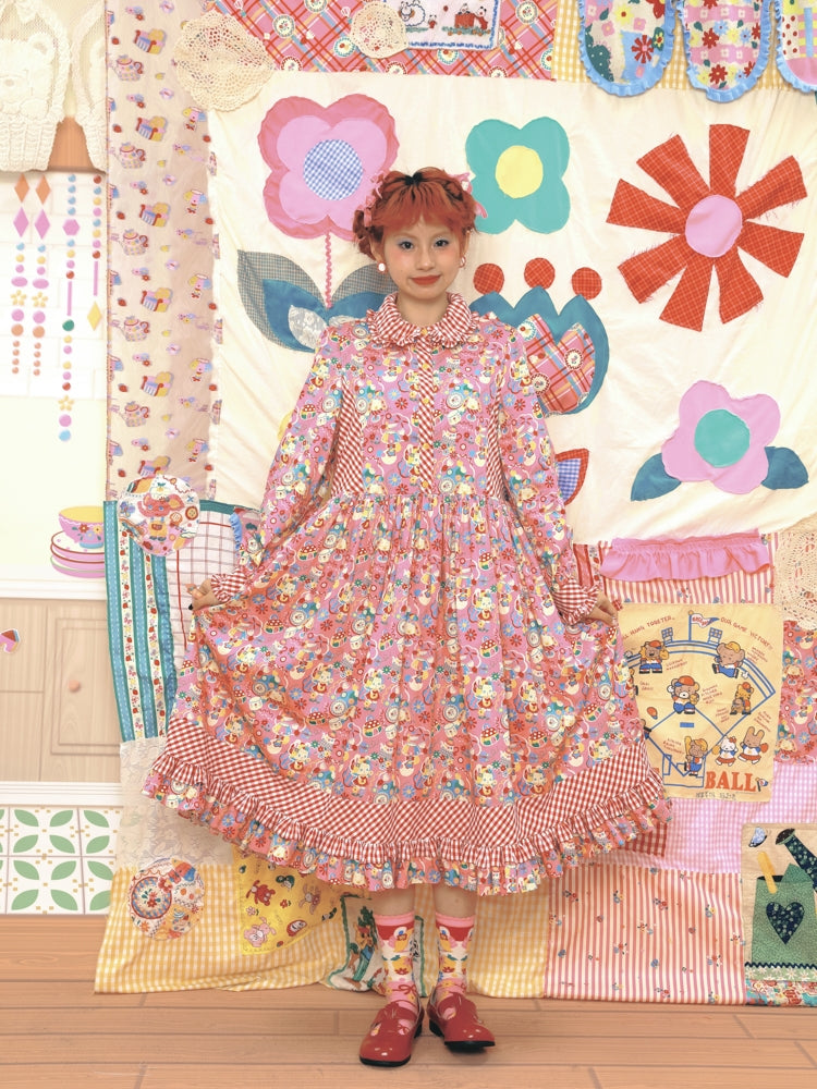 Fancy Flower Check Girly Retro Pop Tiered Long-ONE-PIECE