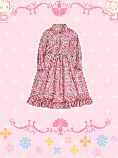 Fancy Flower Check Girly Retro Pop Tiered Long-ONE-PIECE