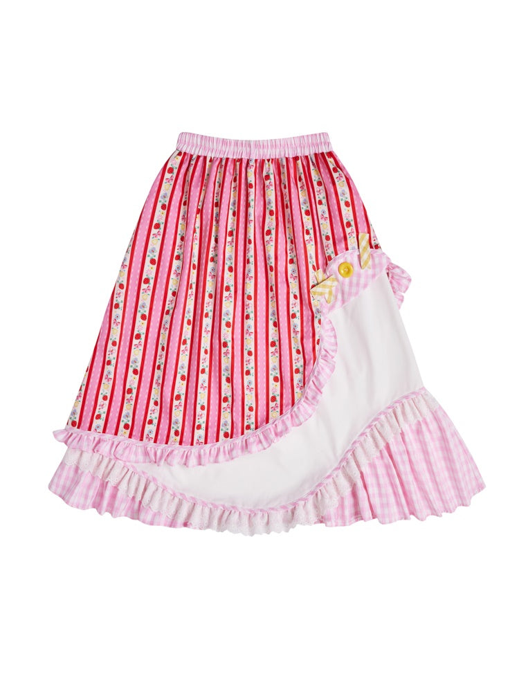 Fancy Frill Lace Flower Stripe Girly Asymemtry Long-Skirt