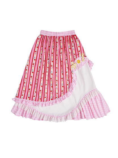 Fancy Frill Lace Flower Stripe Girly Asymemtry Long-Skirt