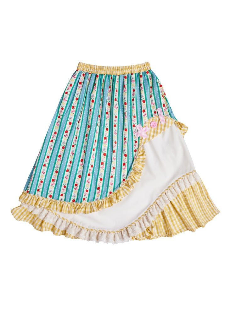 Fleur de fleurs de volant de fantaisie Stripe Girly Asymétrique Long-Skirt