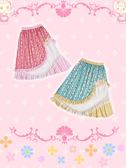 Fancy Frill Lace Flower Stripe Girly Asymemtry Long-Skirt