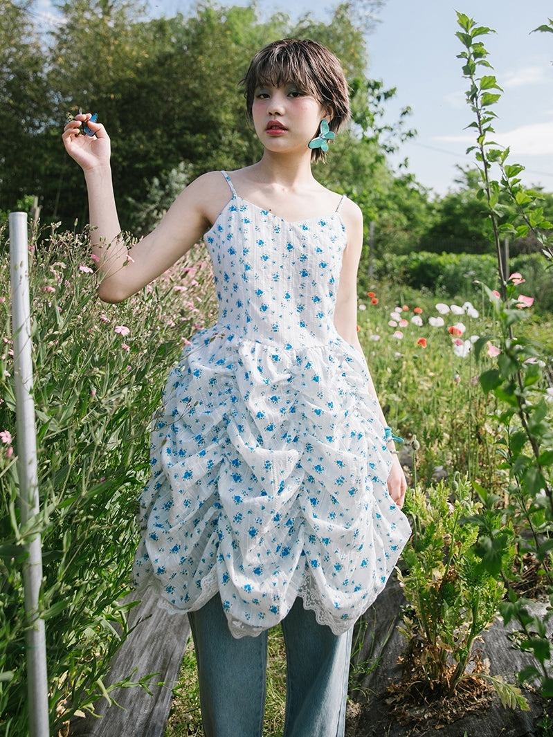 Floral Lace Ruffled Puffy ONE-PIECE