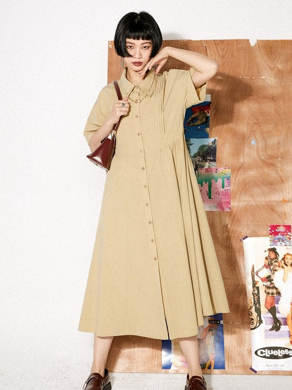 Double-collar Plain Long Shirt-one-piece