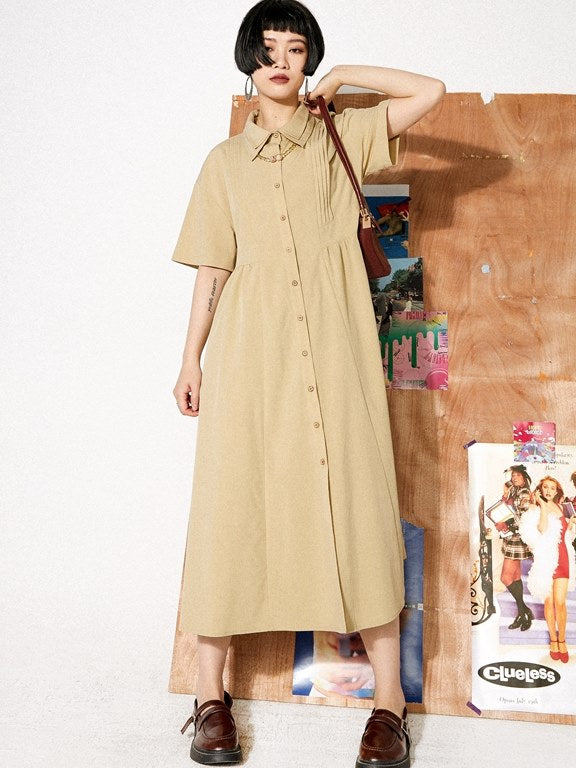 Double-collar Plain Long Shirt-one-piece