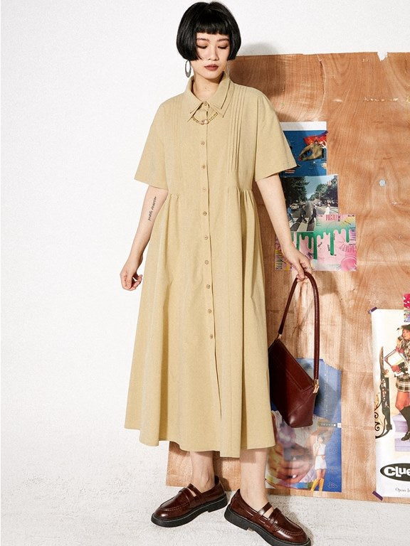 Double-collar Plain Long Shirt-one-piece