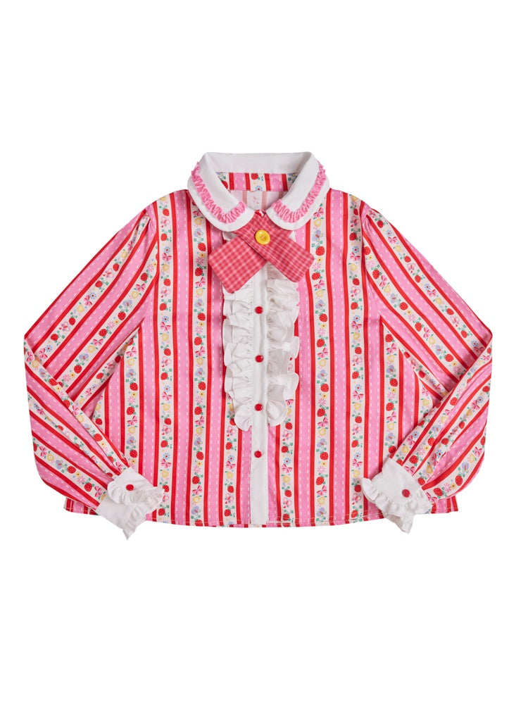 Fancy Frill Ribbon Flower Stripe Girly Pop Blouse