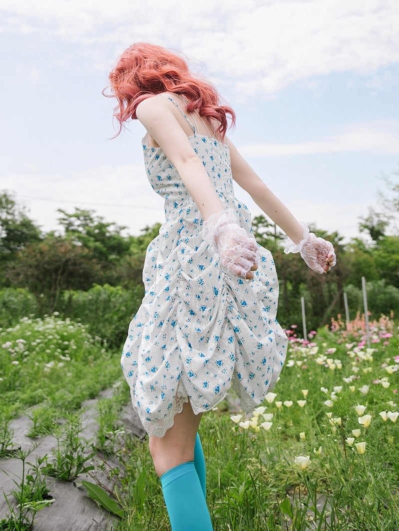 Floral Lace Ruffled Puffy One-piece