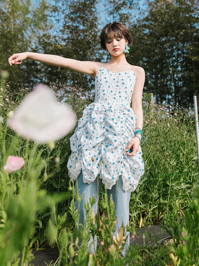 Floral Lace Ruffled Puffy One-piece