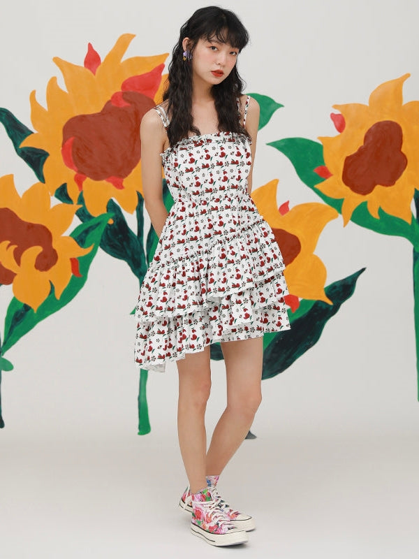 Small Floral Print IRREGULAR LOTUS LEAF SLING DRESS