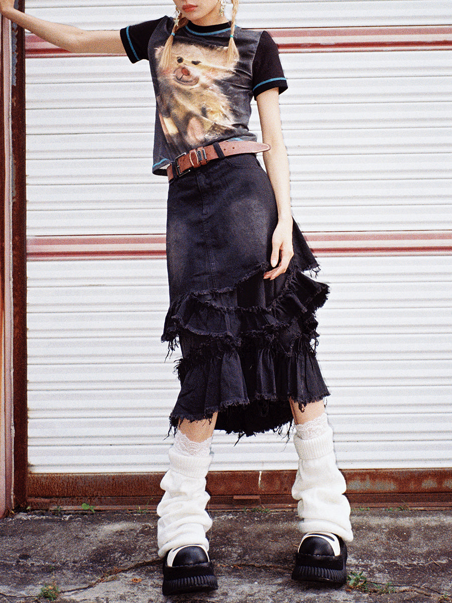 Tiered Cut-Off Denim Skirt