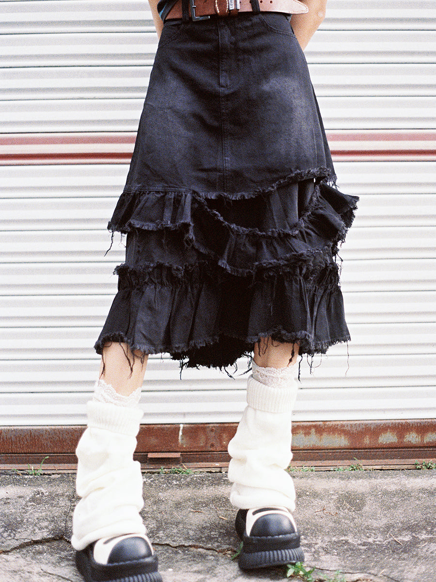 Tiered Cut-Off Denim Skirt