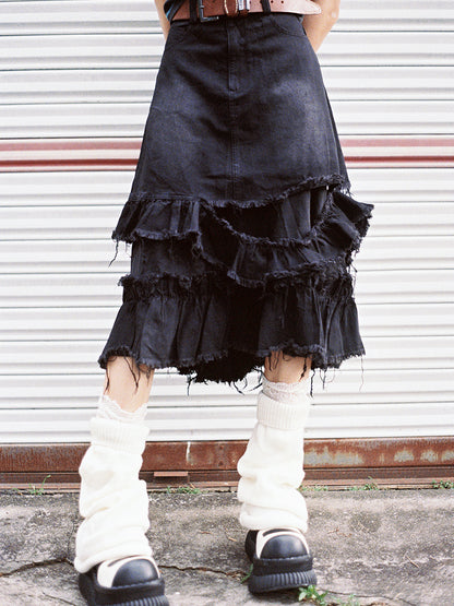 Tiered Cut-off Denim Skirt