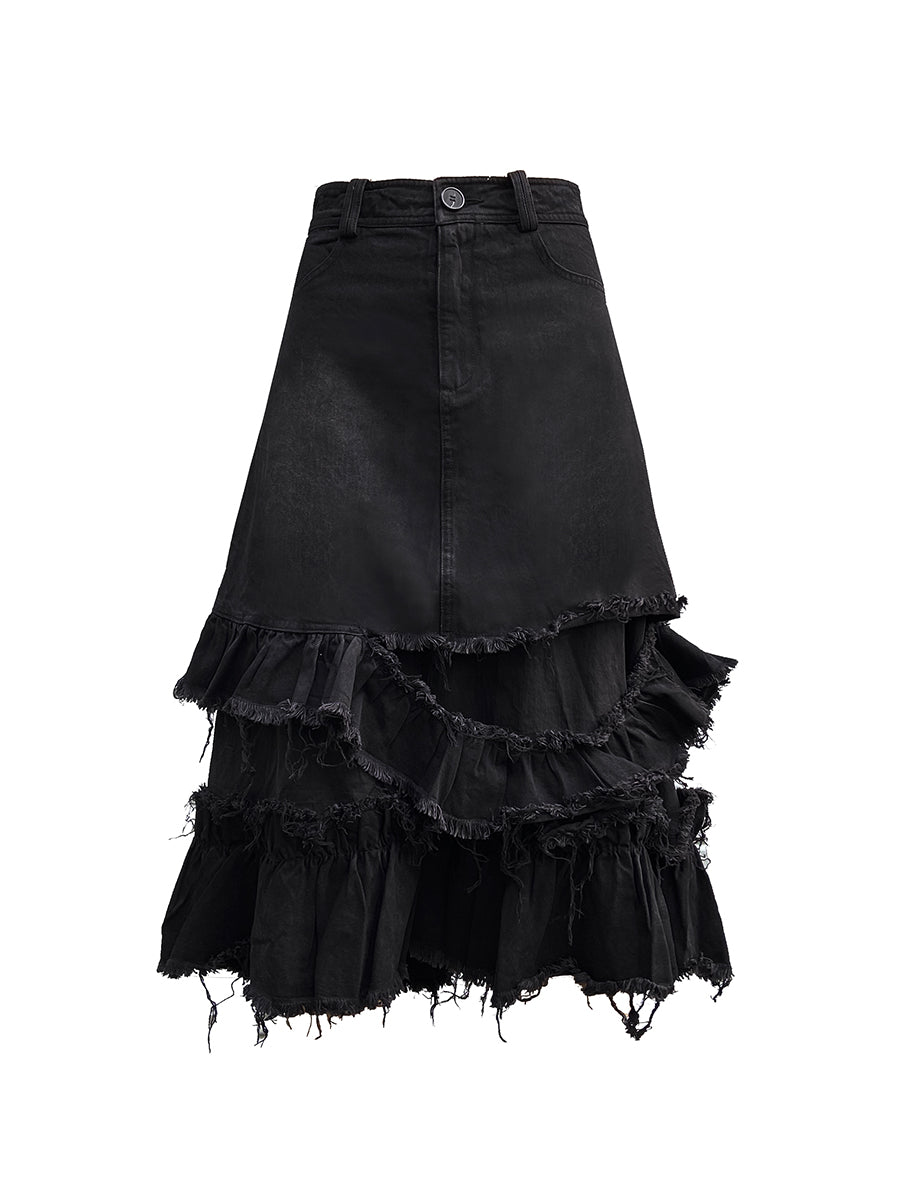 Tiered Cut-Off Denim Skirt