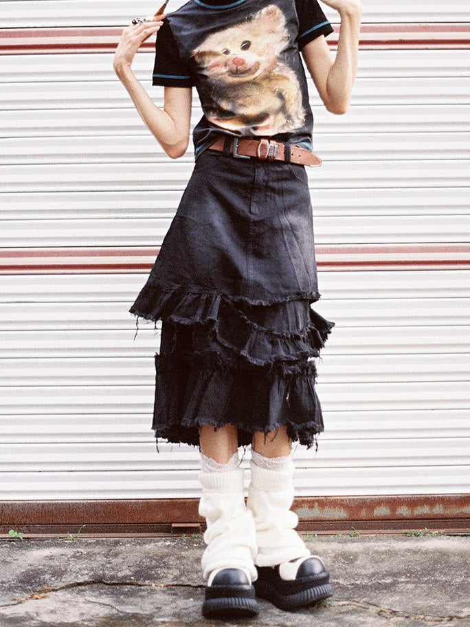 Tiered Cut-off Denim Skirt