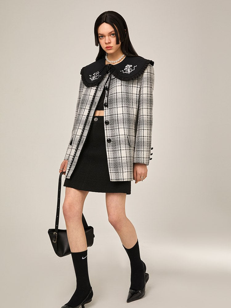 NO-COLLAR EMBROIDERED PLAID JACKET