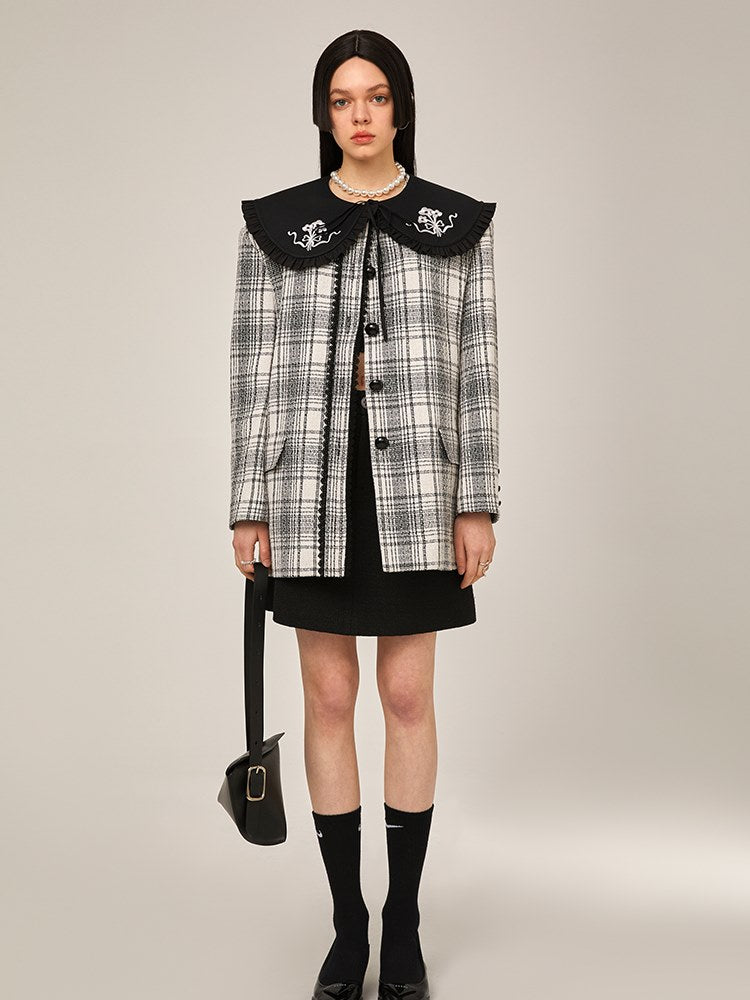 NO-COLLAR EMBROIDERED PLAID JACKET