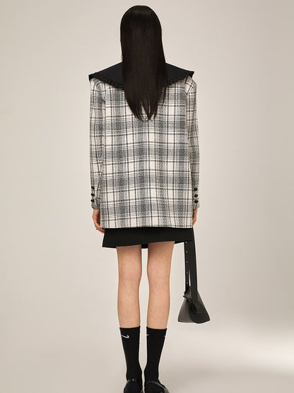 NO-COLLAR EMBROIDERED PLAID JACKET