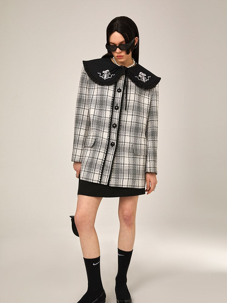 NO-COLLAR EMBROIDERED PLAID JACKET