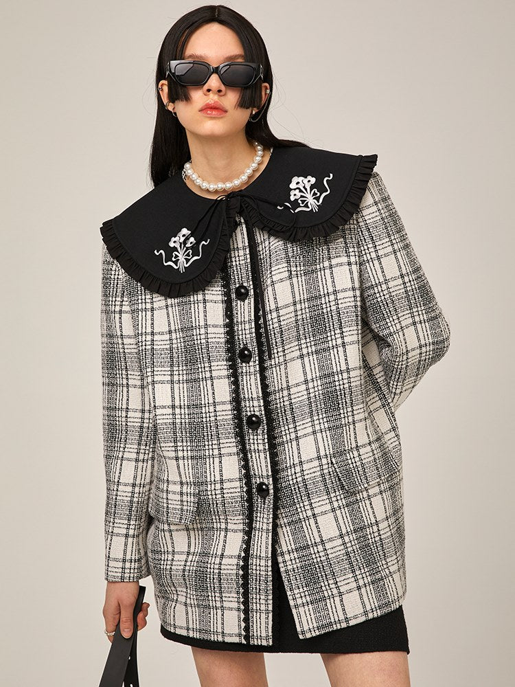 NO-COLLAR EMBROIDERED PLAID JACKET