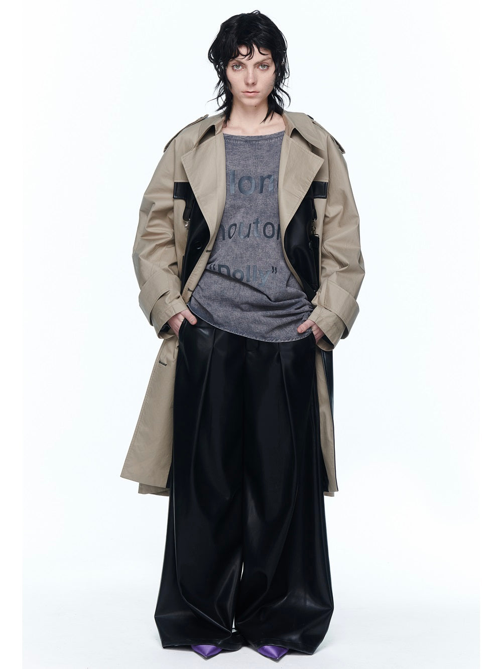 Leather Bi-color Nichi Long-coat