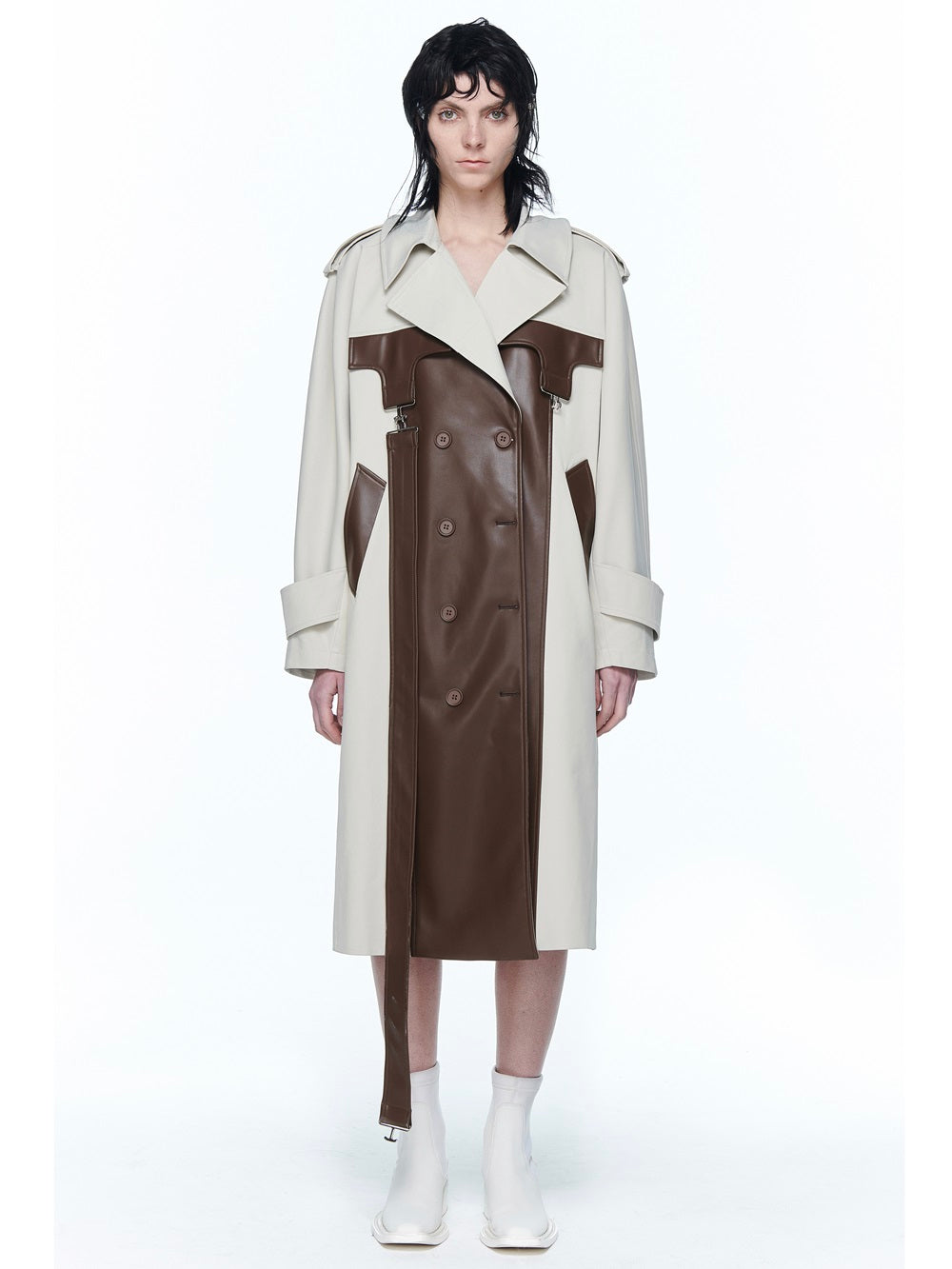 Leather Bi-color Nichi Long-coat