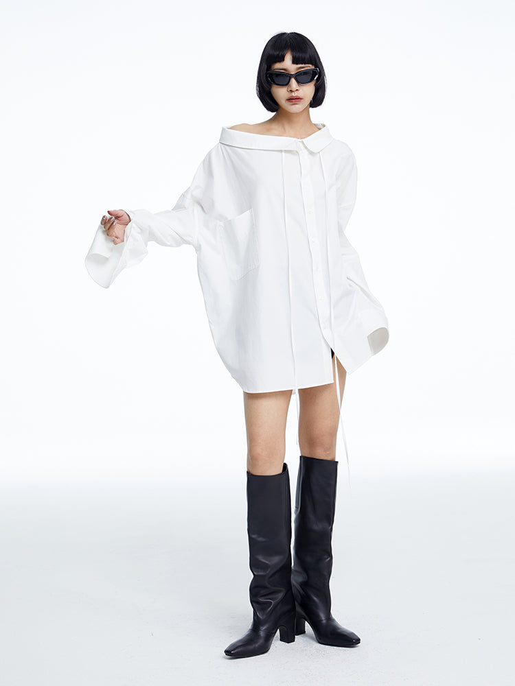 High-neck Oversize Nichi-collar Drawstring Blouse