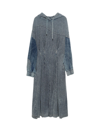 Stripe Long Denim Hoodie One-piece