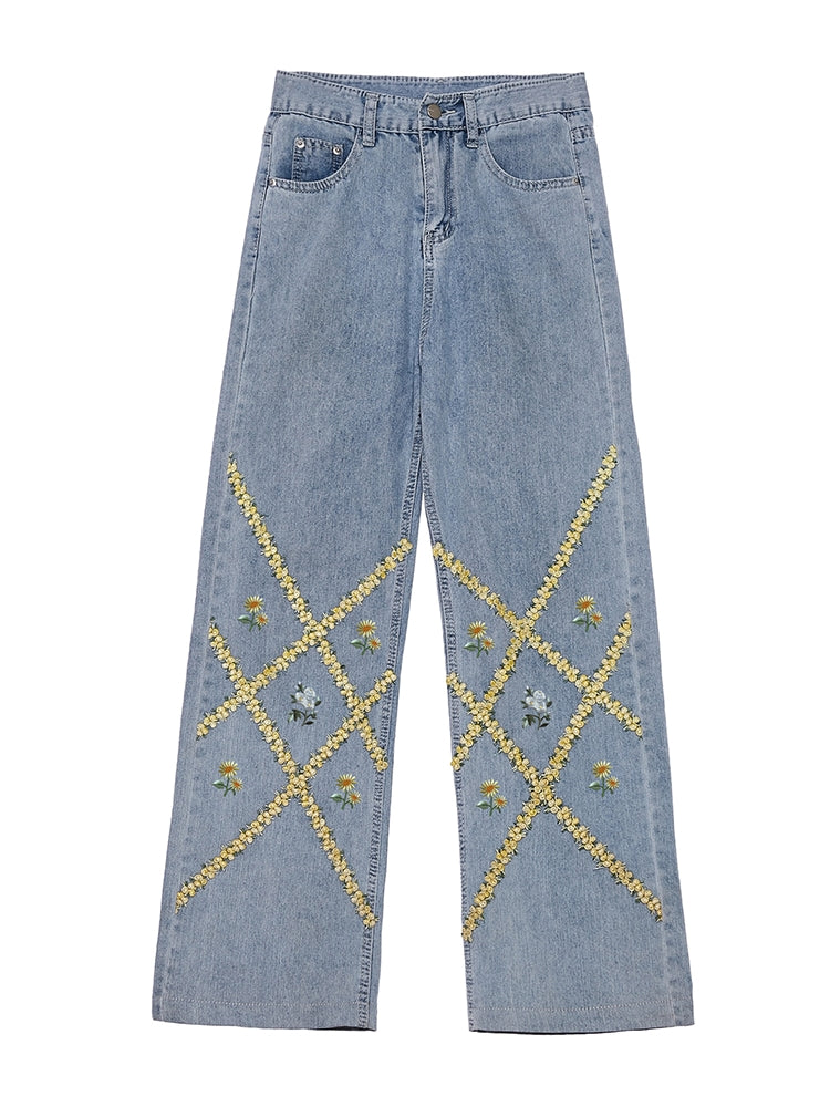 Embroidery Flowers Jeans Wide-leg High-waist Pants