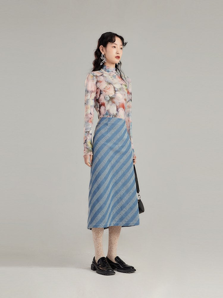 Nichi Retro High-Waist Denim Stripe Skirt