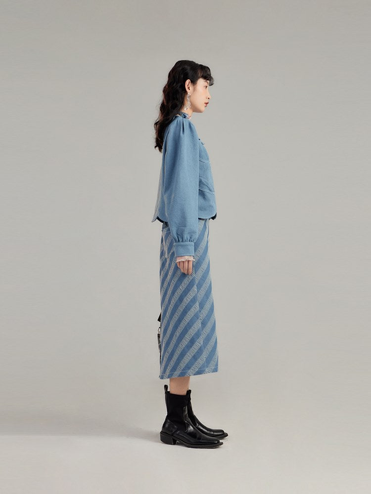 Nichi Retro High-waist Denim Stripe Skirt