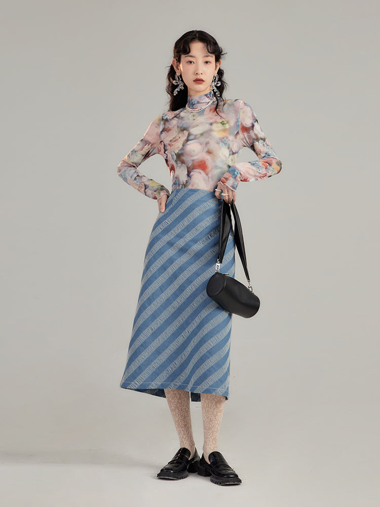 Nichi Retro High-waist Denim Stripe Skirt