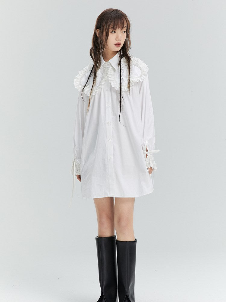 Frill Lace Loose Drawstring Shirt Onepiece